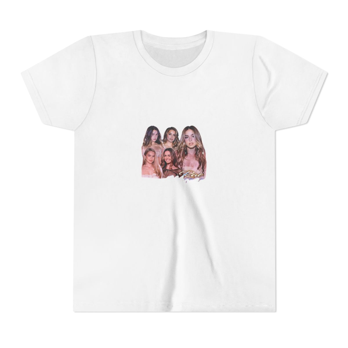 Black T Shirt with the name "ADDISON" in a gradient font. The shirt features a collage of images of a woman. The shirt also has the text "Rae Mararui" in a cursive font (Kids)